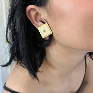 80s KARL LAGERFELD vintage earrings Signature Lucite neutral‎ square clip-ons